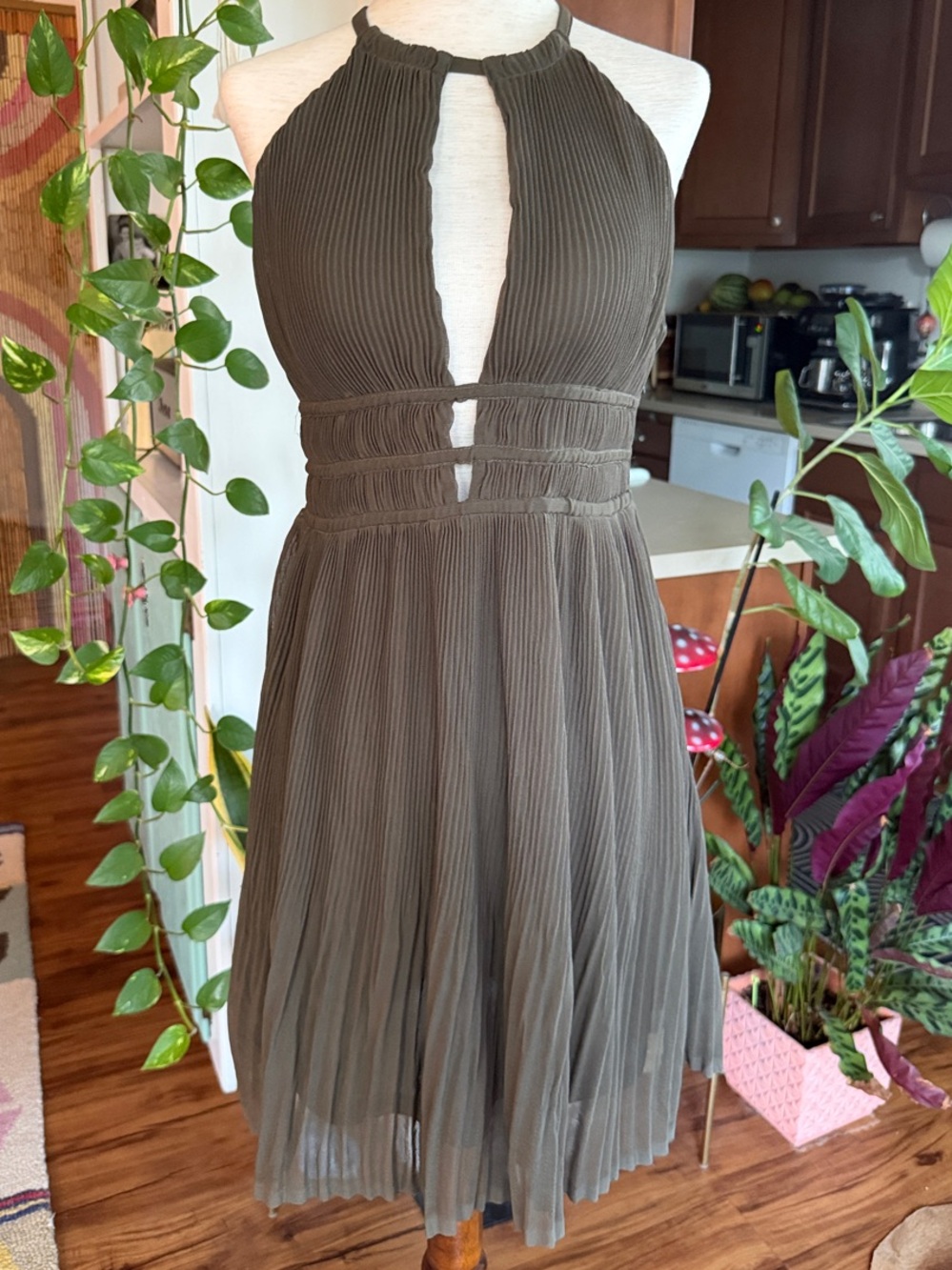 H&M Olive Green Pleated Halter Midi Dress